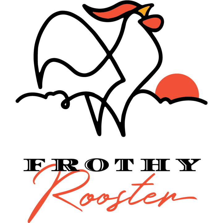 frothy rooster logo with tagline red white